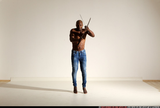 Man Adult Athletic Black Fighting with sword Moving poses Pants