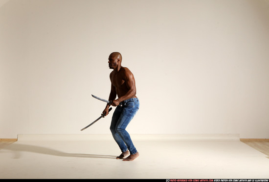 Man Adult Athletic Black Fighting with sword Moving poses Pants