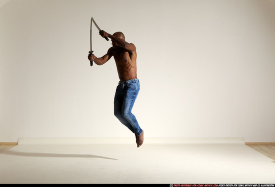 Man Adult Athletic Black Fighting with sword Moving poses Pants