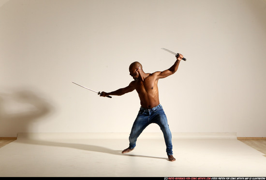 Man Adult Athletic Black Fighting with sword Moving poses Pants