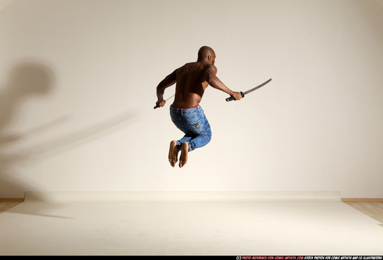 Man Adult Athletic Black Fighting with sword Moving poses Pants