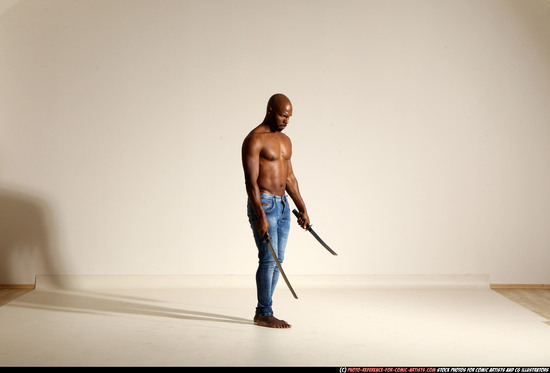 Man Adult Athletic Black Fighting with sword Moving poses Pants