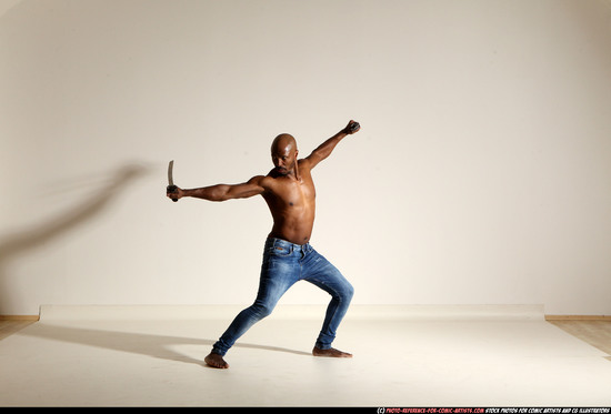 Man Adult Athletic Black Fighting with sword Moving poses Pants