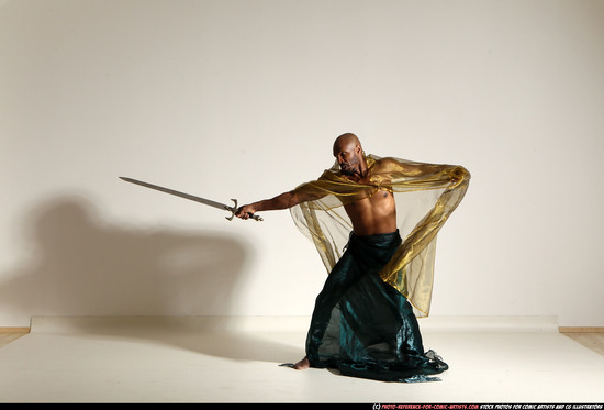 Man Adult Athletic Black Fighting with sword Moving poses Army