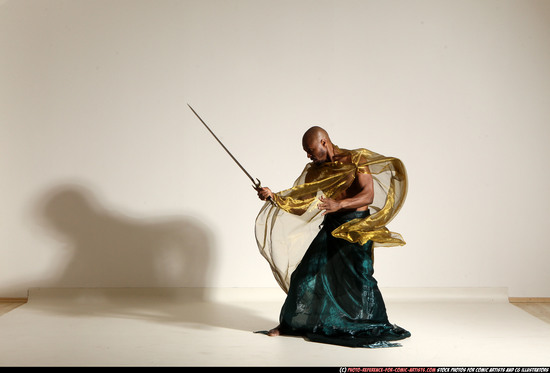 Man Adult Athletic Black Fighting with sword Moving poses Army