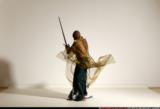 Man Adult Athletic Black Fighting with sword Moving poses Army