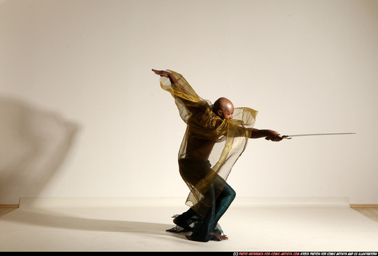 Man Adult Athletic Black Fighting with sword Moving poses Army