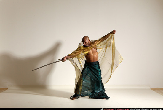 Man Adult Athletic Black Fighting with sword Moving poses Army