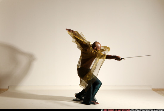 Man Adult Athletic Black Fighting with sword Moving poses Army