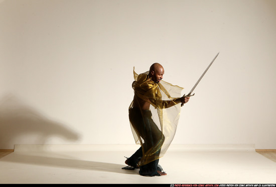 Man Adult Athletic Black Fighting with sword Moving poses Army