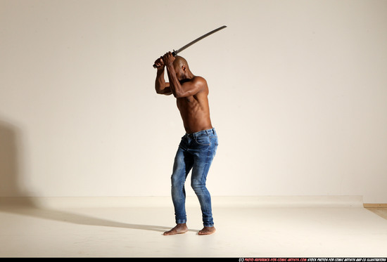 Man Adult Athletic Black Fighting with sword Moving poses Pants