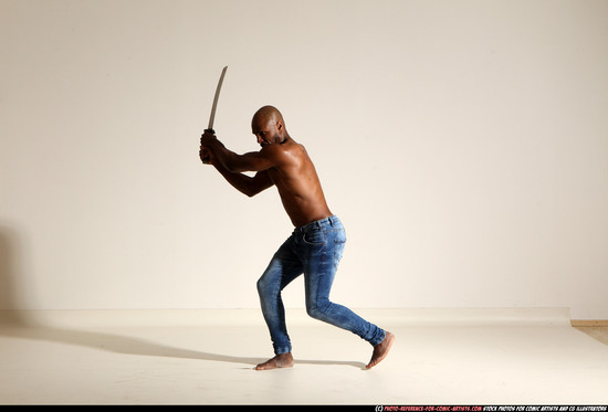 Man Adult Athletic Black Fighting with sword Moving poses Pants