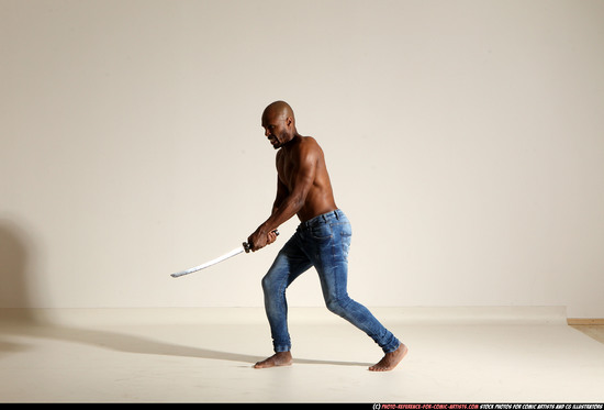 Man Adult Athletic Black Fighting with sword Moving poses Pants