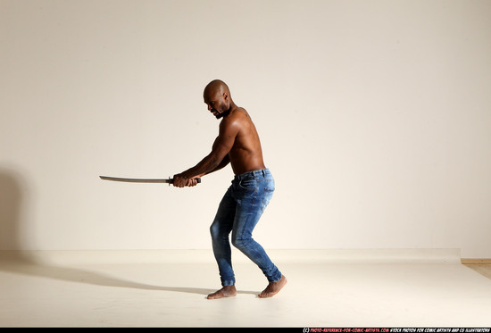 Man Adult Athletic Black Fighting with sword Moving poses Pants