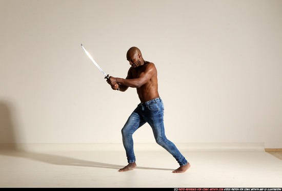 Man Adult Athletic Black Fighting with sword Moving poses Pants