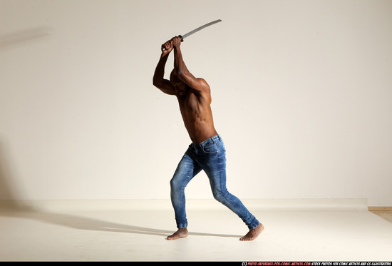 Man Adult Athletic Black Fighting with sword Moving poses Pants