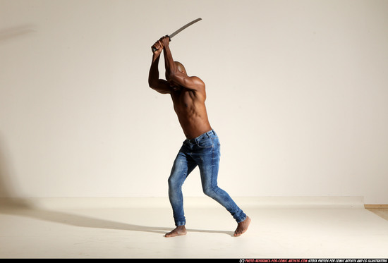 Man Adult Athletic Black Fighting with sword Moving poses Pants