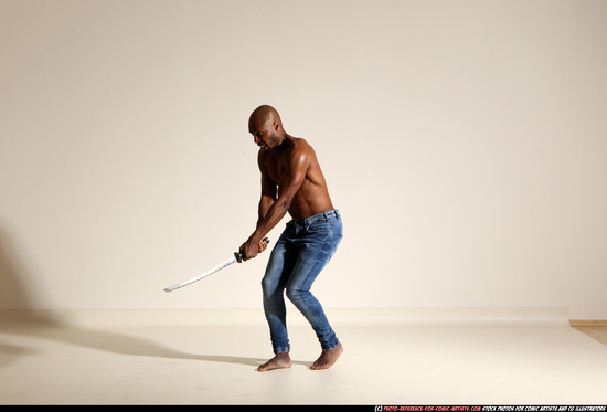 Man Adult Athletic Black Fighting with sword Moving poses Pants