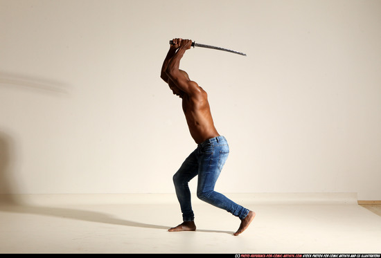 Man Adult Athletic Black Fighting with sword Moving poses Pants