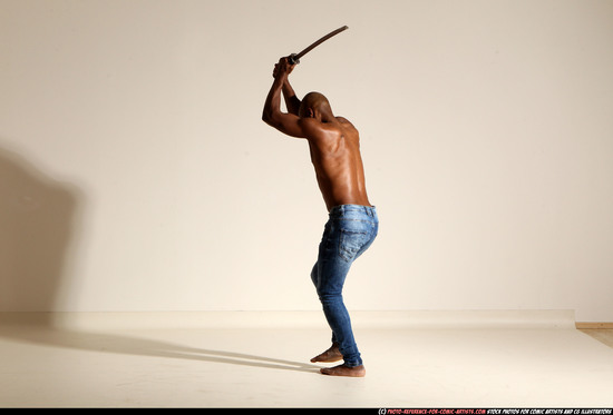 Man Adult Athletic Black Fighting with sword Moving poses Pants