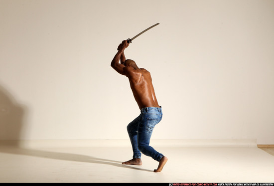 Man Adult Athletic Black Fighting with sword Moving poses Pants