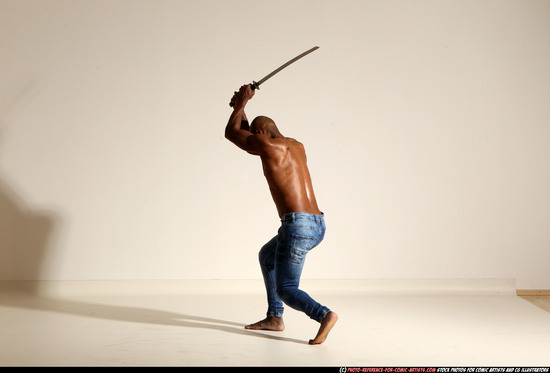 Man Adult Athletic Black Fighting with sword Moving poses Pants