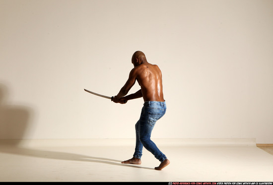 Man Adult Athletic Black Fighting with sword Moving poses Pants