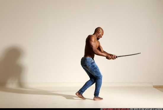 Man Adult Athletic Black Fighting with sword Moving poses Pants