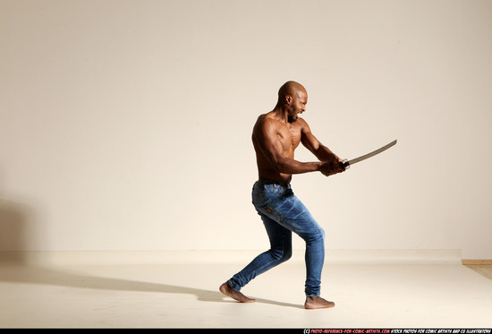 Man Adult Athletic Black Fighting with sword Moving poses Pants