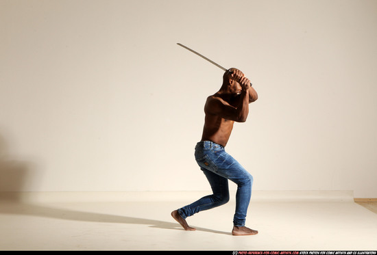 Man Adult Athletic Black Fighting with sword Moving poses Pants