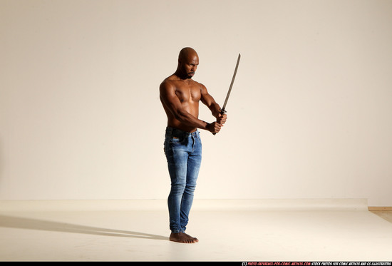 Man Adult Athletic Black Fighting with sword Moving poses Pants