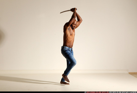 Man Adult Athletic Black Fighting with sword Moving poses Pants