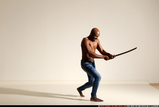 Man Adult Athletic Black Fighting with sword Moving poses Pants