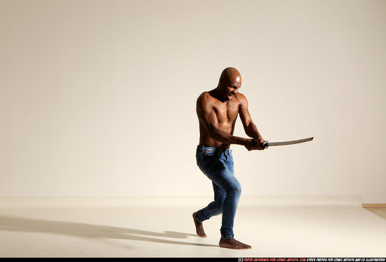 Man Adult Athletic Black Fighting with sword Moving poses Pants