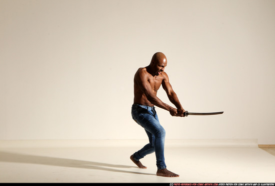 Man Adult Athletic Black Fighting with sword Moving poses Pants