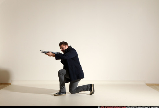 Man Adult Muscular White Moving poses Casual Fighting with shotgun