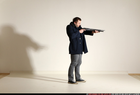 Man Adult Muscular White Moving poses Casual Fighting with shotgun