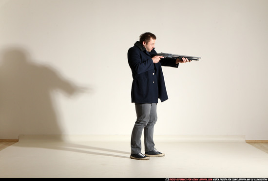 Man Adult Muscular White Moving poses Casual Fighting with shotgun