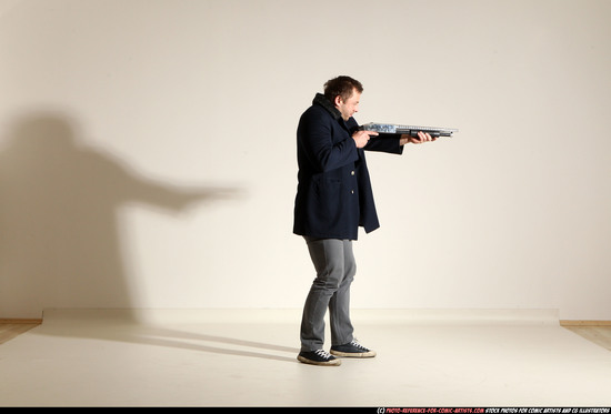 Man Adult Muscular White Moving poses Casual Fighting with shotgun