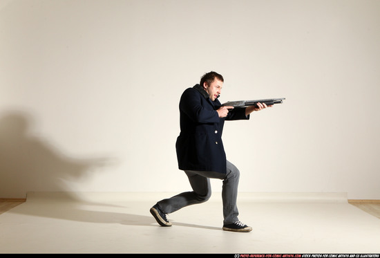 Man Adult Muscular White Moving poses Casual Fighting with shotgun