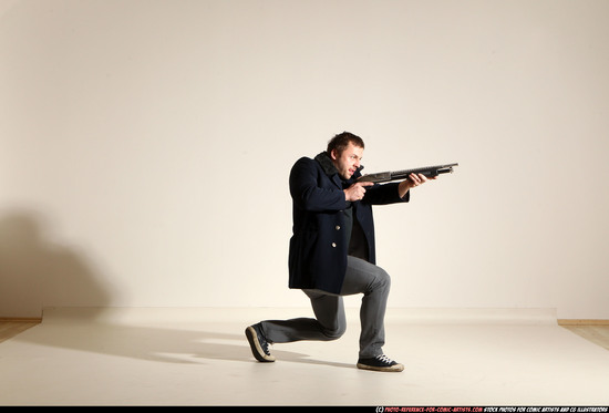 Man Adult Muscular White Moving poses Casual Fighting with shotgun