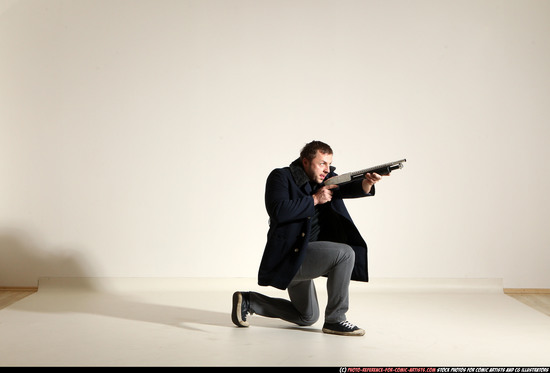 Man Adult Muscular White Moving poses Casual Fighting with shotgun