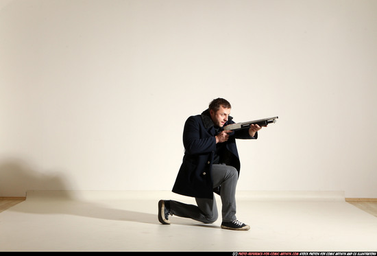 Man Adult Muscular White Moving poses Casual Fighting with shotgun