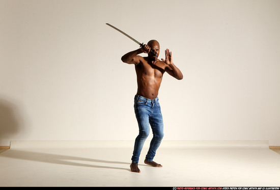 Man Adult Athletic Black Fighting with sword Moving poses Pants