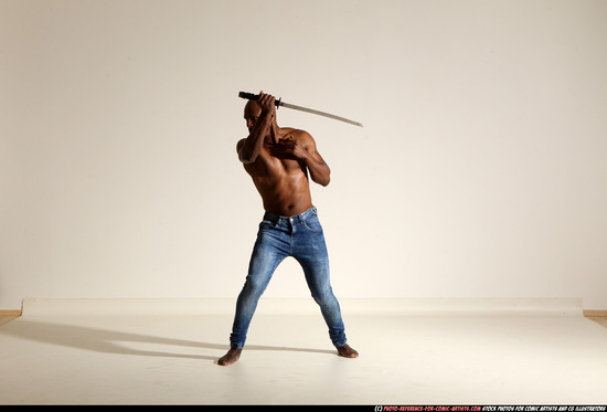 Man Adult Athletic Black Fighting with sword Moving poses Pants