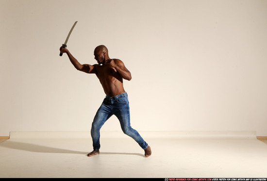 Man Adult Athletic Black Fighting with sword Moving poses Pants