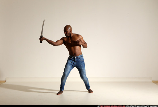 Man Adult Athletic Black Fighting with sword Moving poses Pants