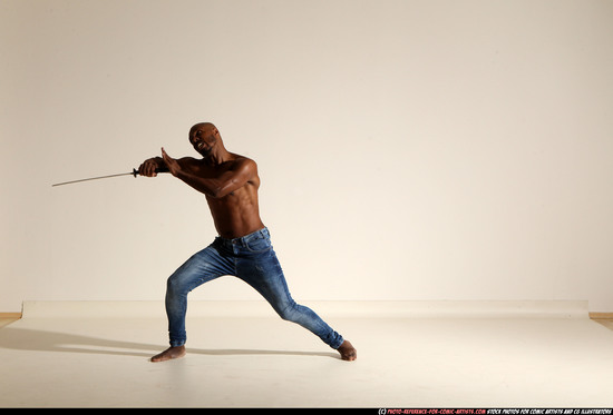 Man Adult Athletic Black Fighting with sword Moving poses Pants