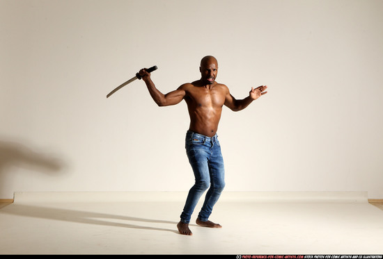 Man Adult Athletic Black Fighting with sword Moving poses Pants