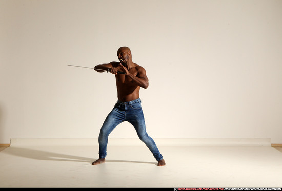 Man Adult Athletic Black Fighting with sword Moving poses Pants